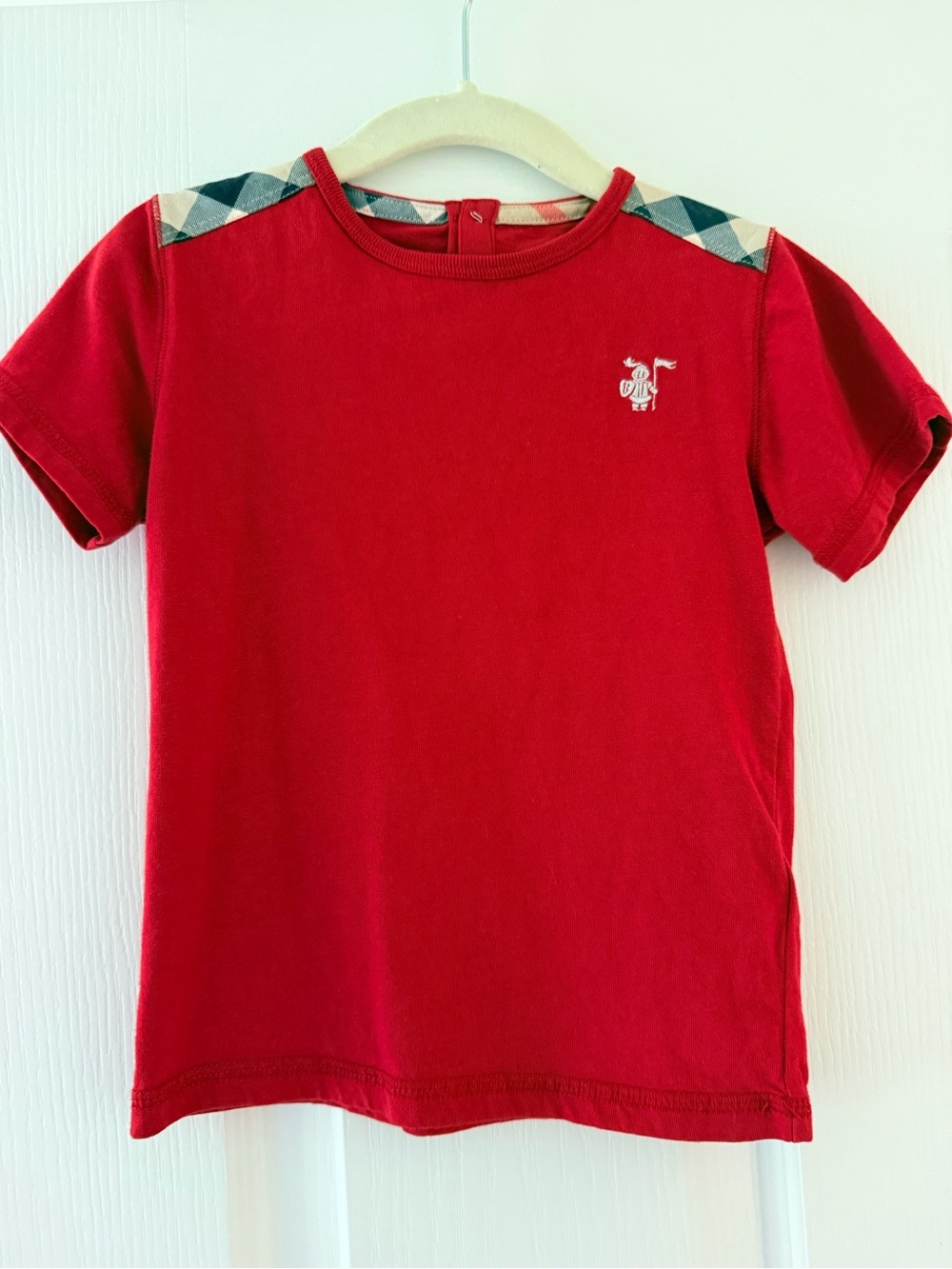 Burberry Kids Red Short-Sleeve Tee with Patterned Shoulder Accents